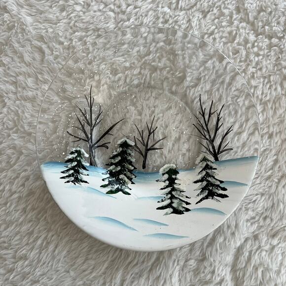 Yankee Candle Hand Painted Winter Scene Crackle Glass Candle Lamp Shade & Plate - Picture 2 of 4